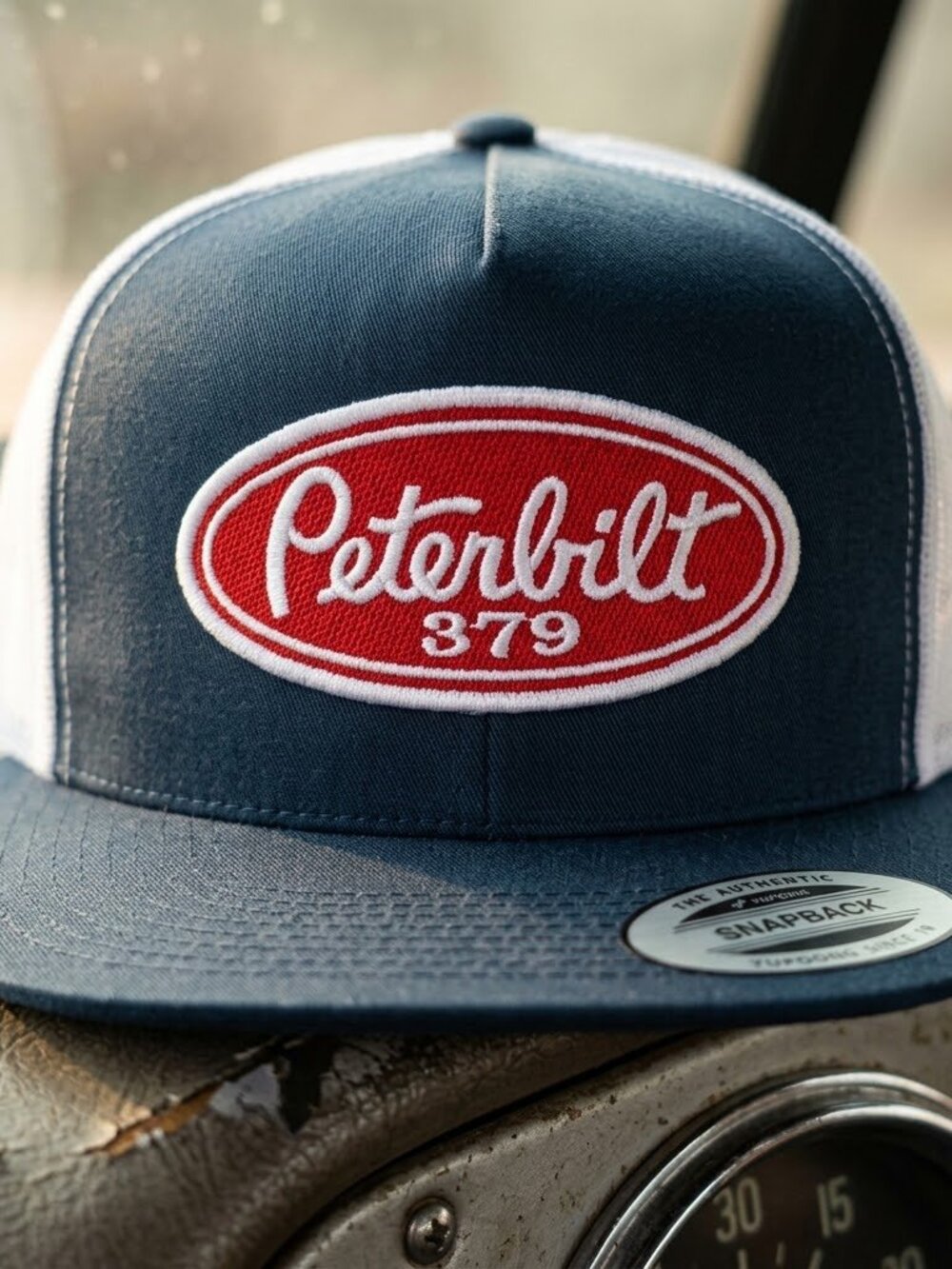 Retro Peterbilt 379 Hat Semi Truck Patch Navy White Yupoong Snapback Cap USA New